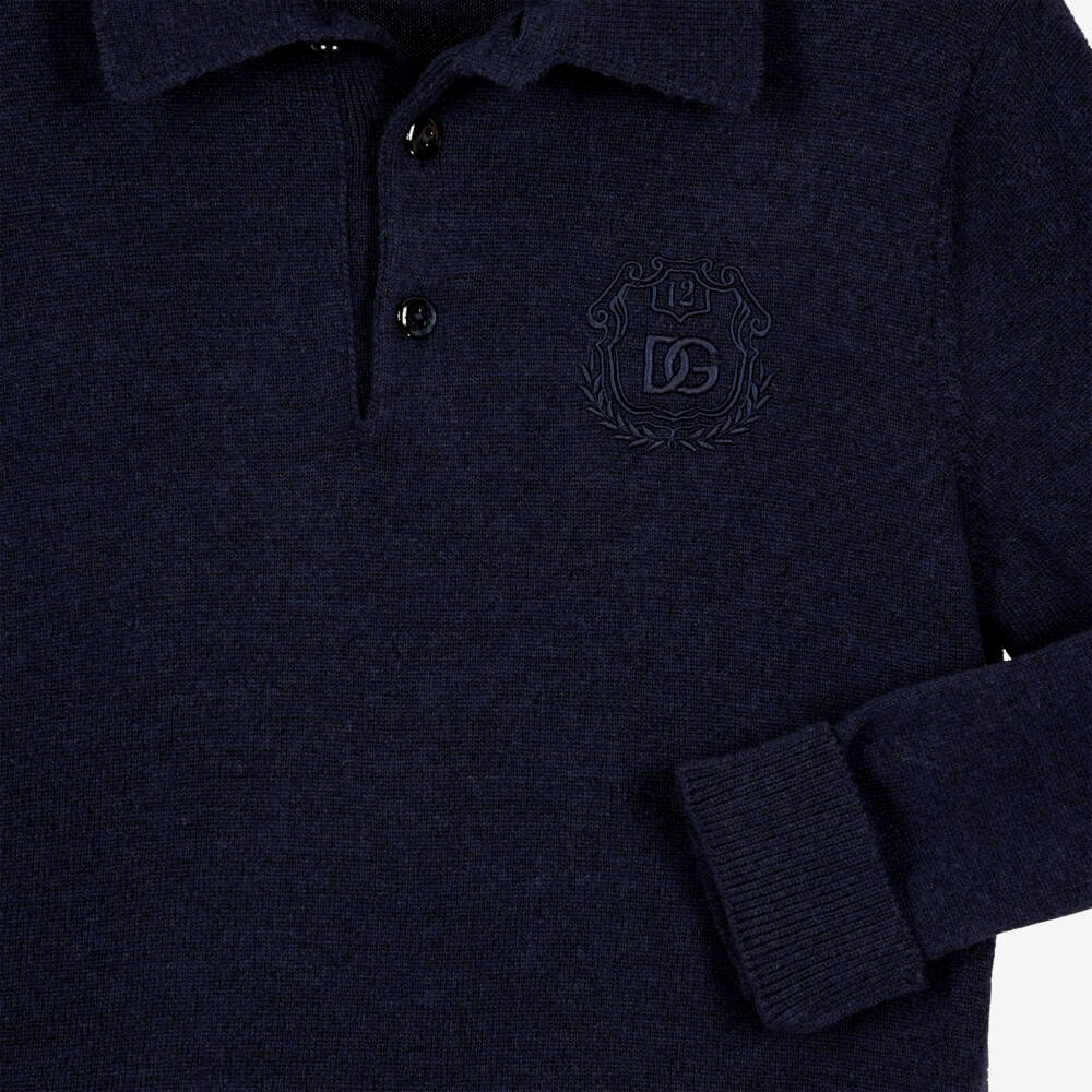 Dolce & Gabbana-Boys Navy Blue Wool Knit Polo Sweater | Childrensalon
