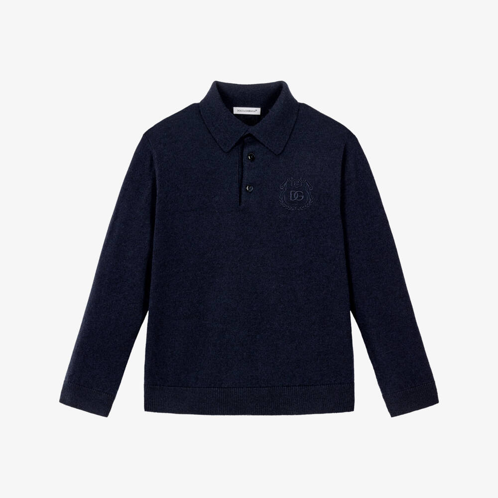Dolce & Gabbana-Boys Navy Blue Wool Knit Polo Sweater | Childrensalon