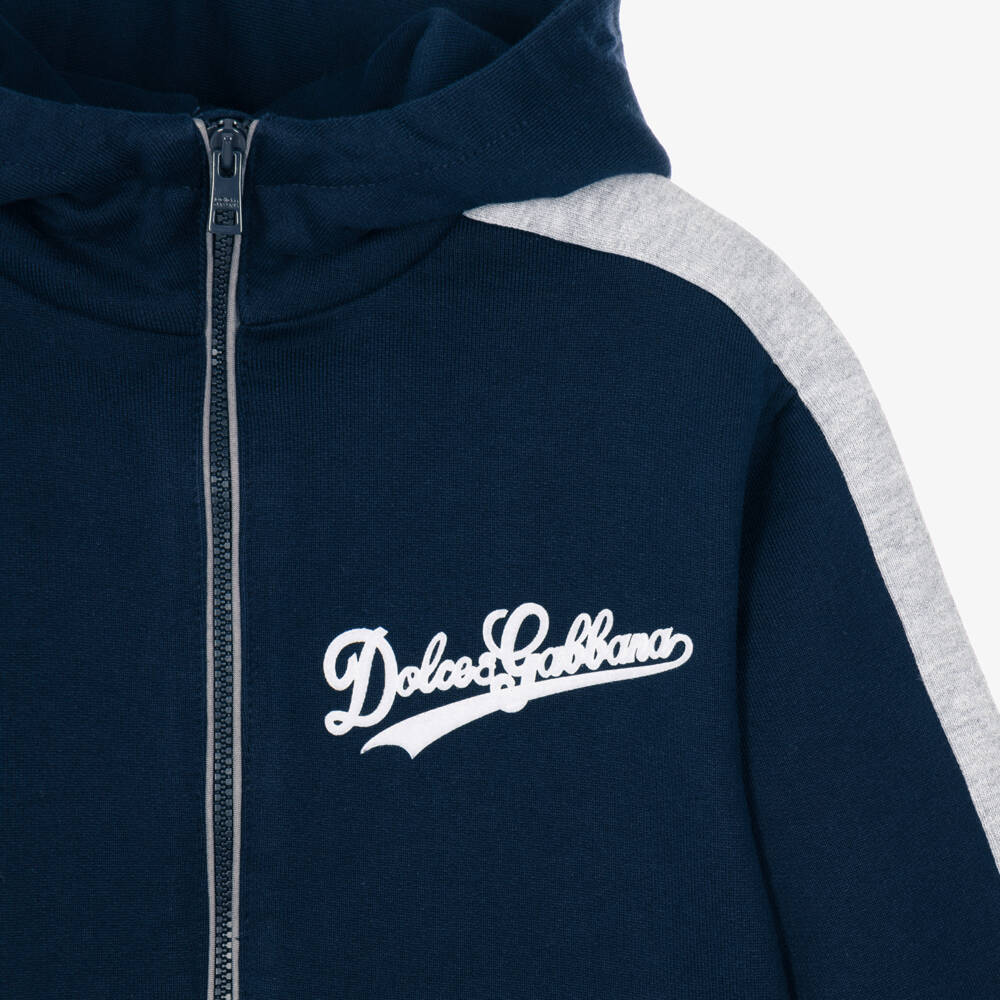 Dolce & Gabbana-Boys Navy Blue Zip Up Hoodie with Varsity Logo | Childrensalon