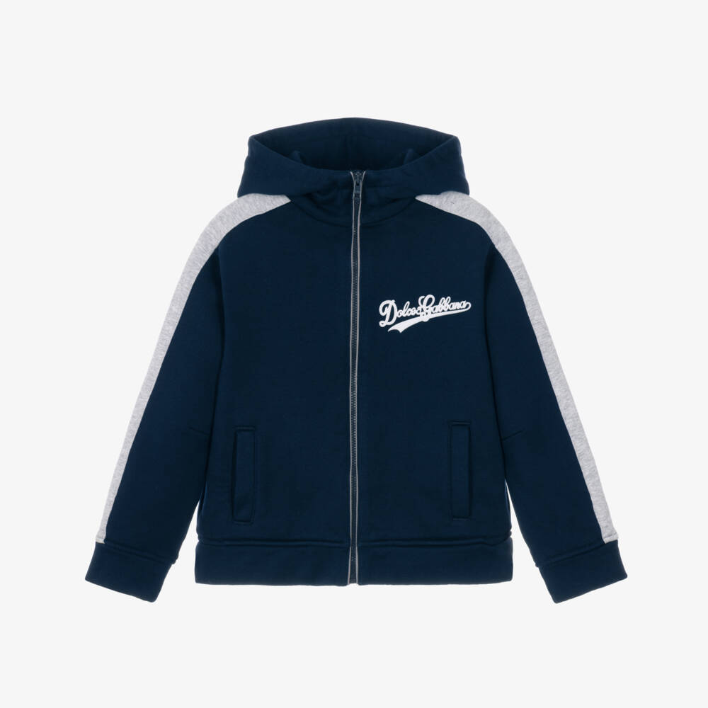 Dolce & Gabbana-Boys Navy Blue Zip Up Hoodie with Varsity Logo | Childrensalon