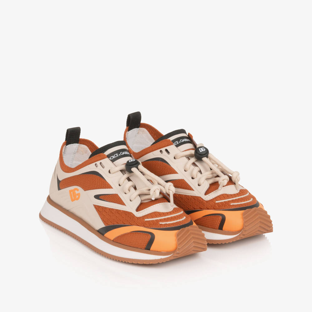 Dolce & Gabbana-Boys Orange & Beige Mesh Trainers with Toggle Laces | Childrensalon