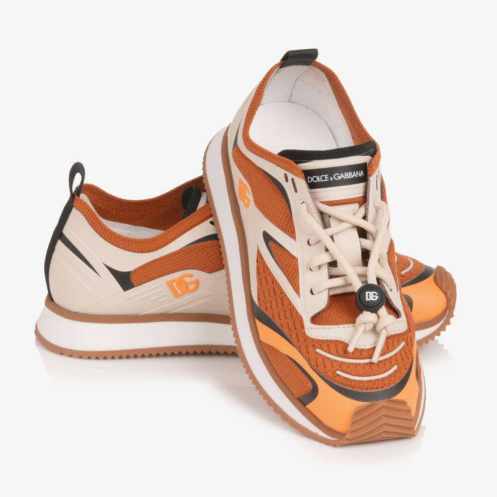 Dolce & Gabbana-Boys Orange & Beige Mesh Trainers with Toggle Laces | Childrensalon