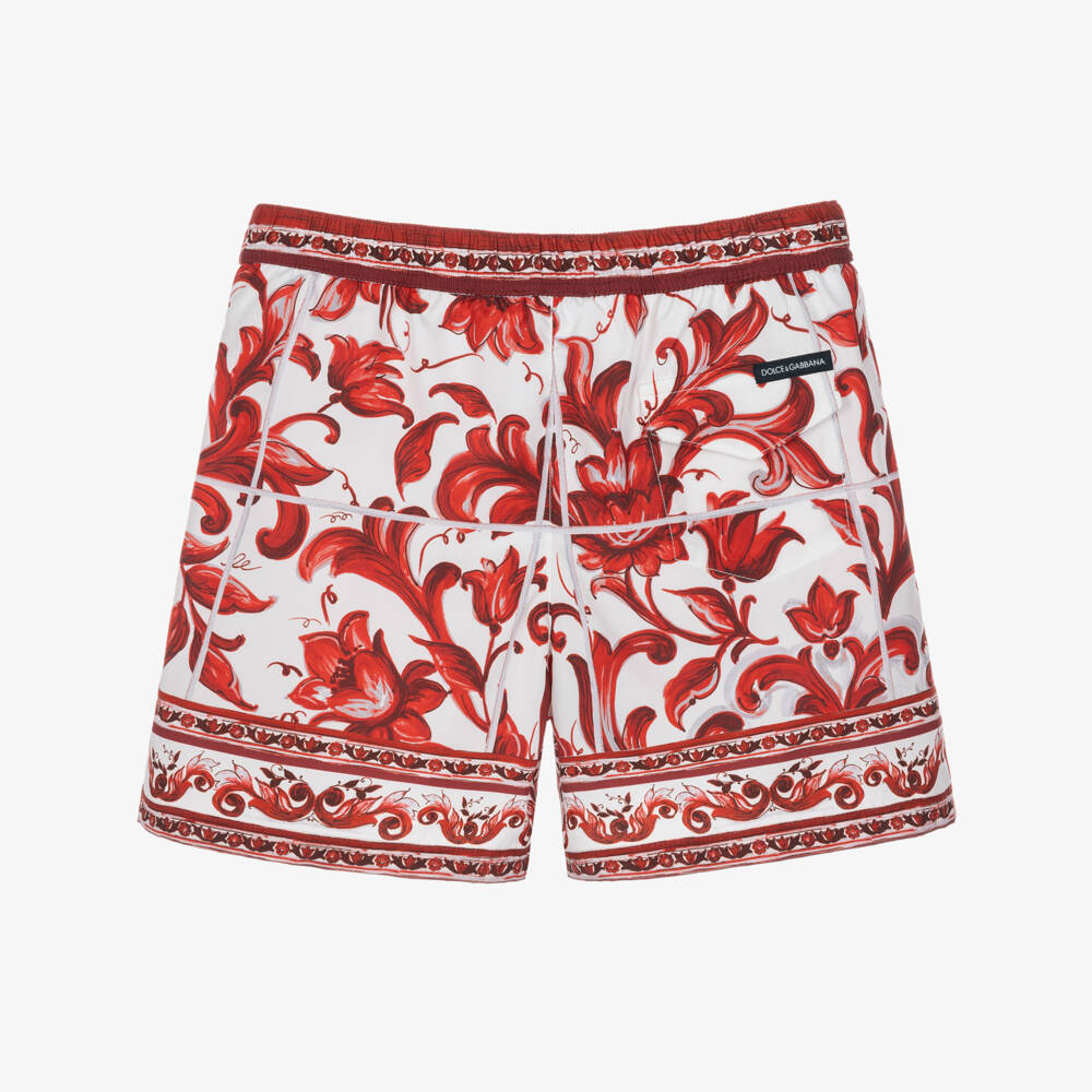Dolce & Gabbana-Boys Red Majolica Print Swim Shorts | Childrensalon