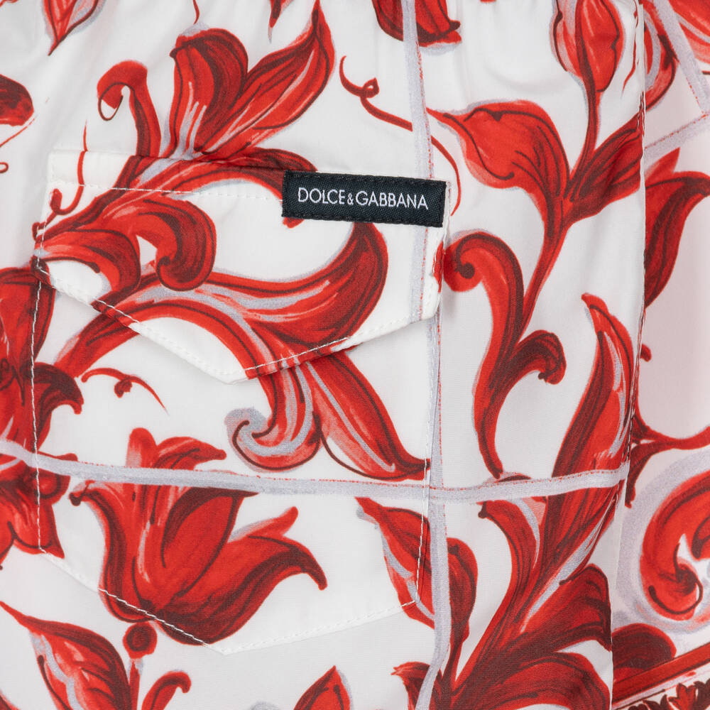 Dolce & Gabbana-Boys Red Majolica Print Swim Shorts | Childrensalon