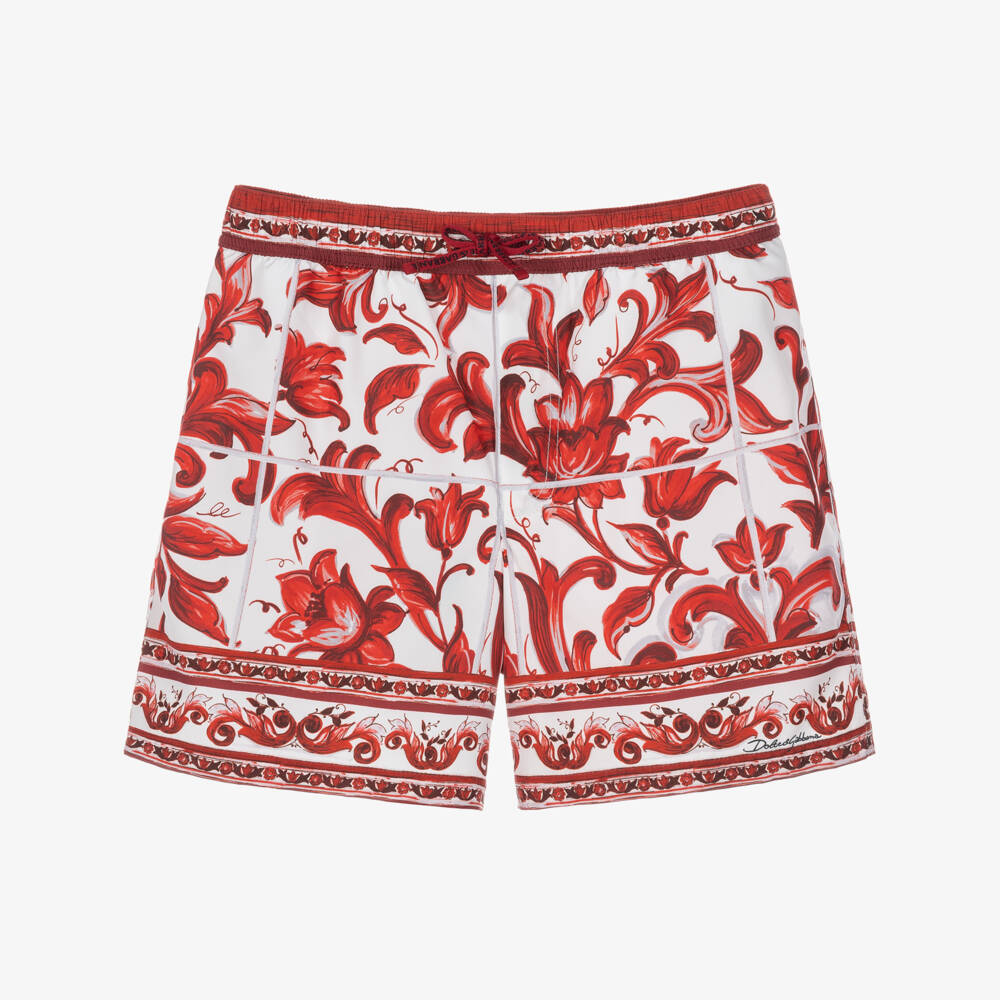 Dolce & Gabbana-Boys Red Majolica Print Swim Shorts | Childrensalon