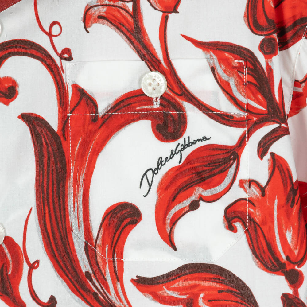 Dolce & Gabbana-Boys Red & White Majolica Print Poplin Shirt | Childrensalon