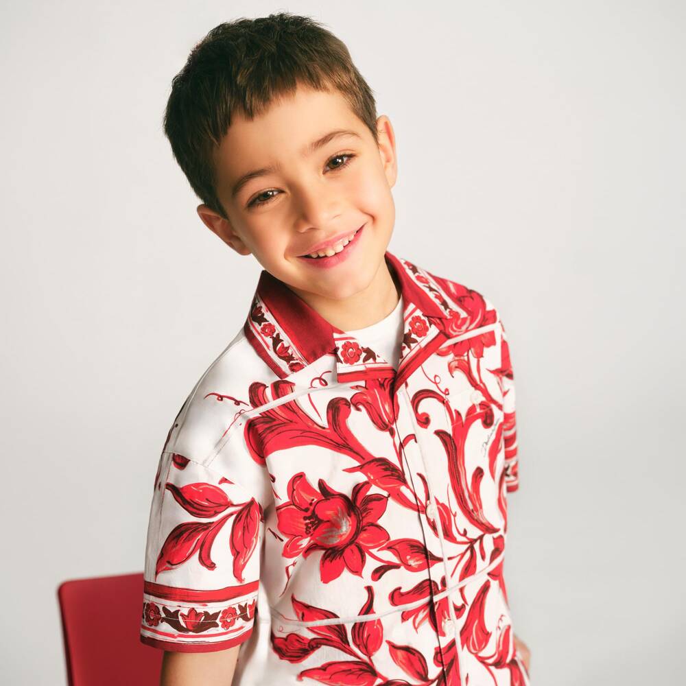 Dolce & Gabbana-Boys Red & White Majolica Print Poplin Shirt | Childrensalon