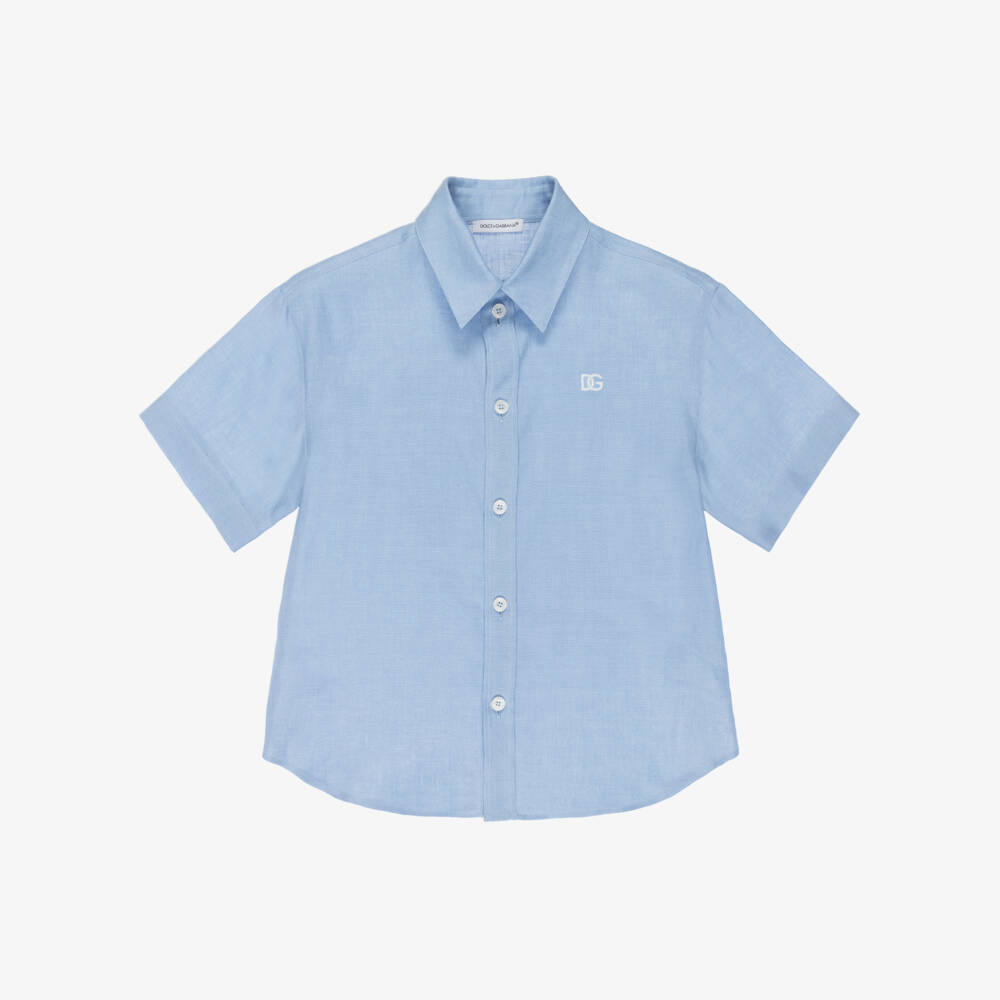 Dolce & Gabbana-Boys Sky Blue DG Logo Linen Shirt | Childrensalon