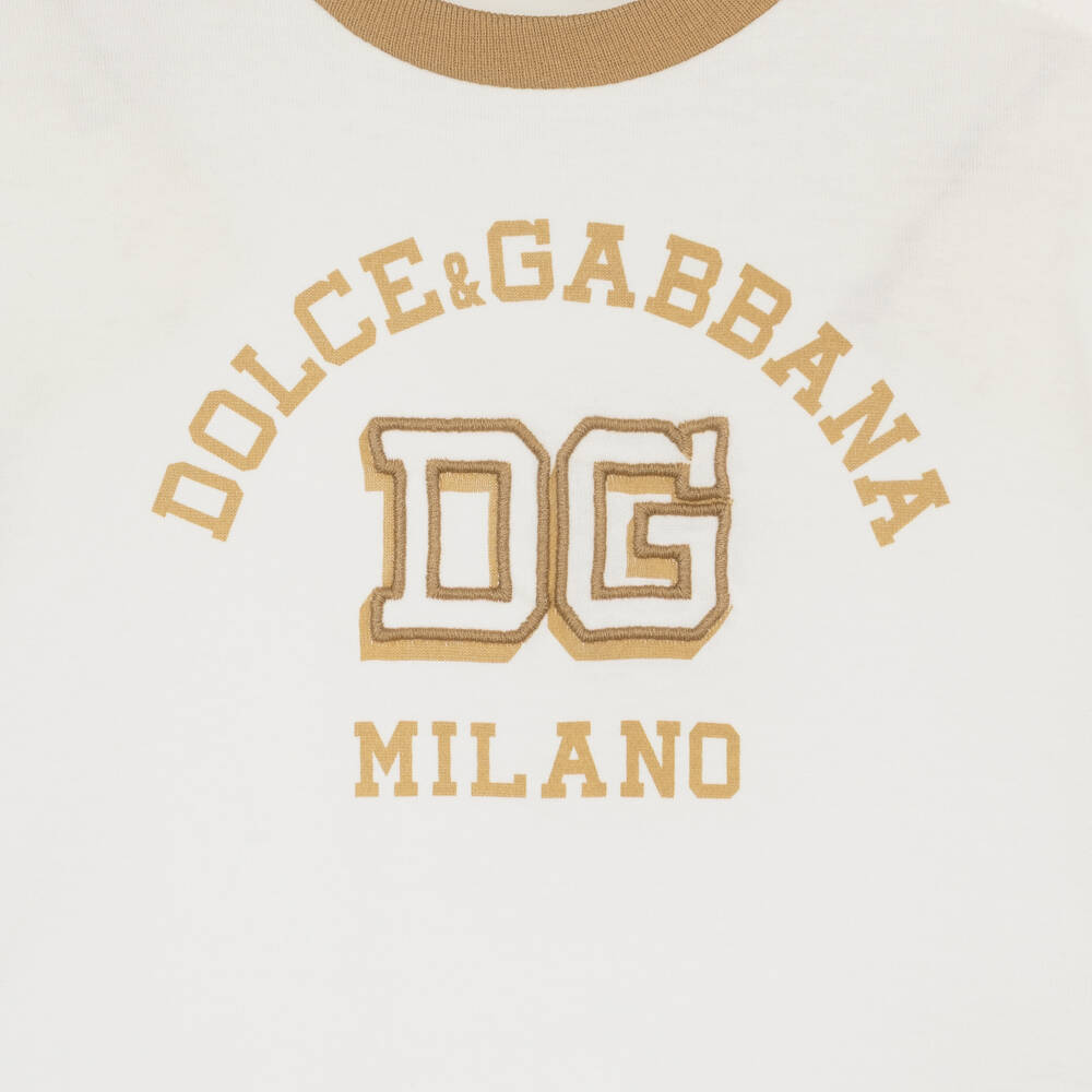Dolce & Gabbana-Boys White & Beige Cotton Logo T-Shirt | Childrensalon