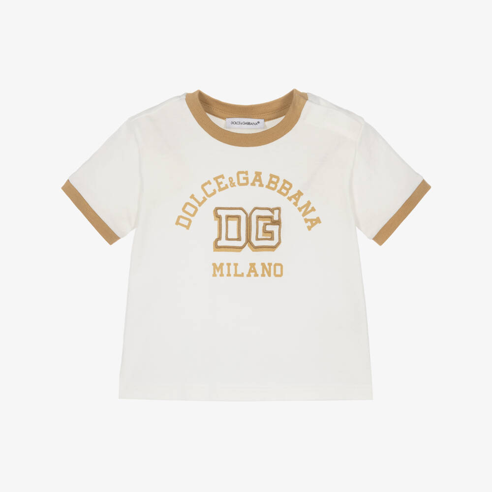 Dolce & Gabbana-Boys White & Beige Cotton Logo T-Shirt | Childrensalon