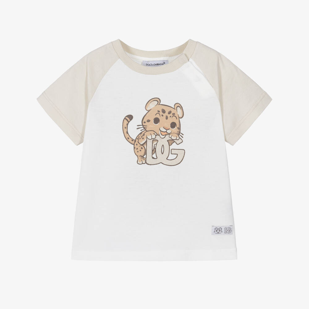 Dolce & Gabbana-Boys White & Beige Leopard T-Shirt with DG Logo | Childrensalon