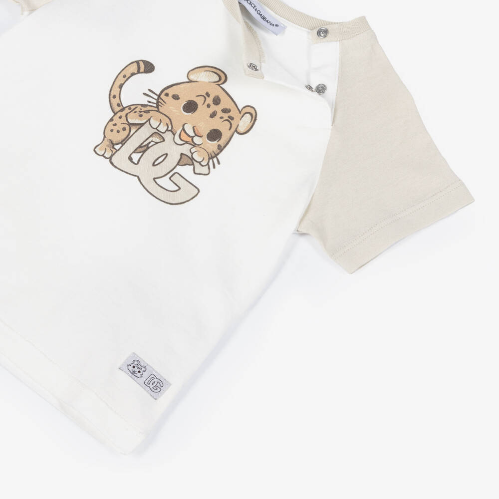Dolce & Gabbana-Boys White & Beige Leopard T-Shirt with DG Logo | Childrensalon