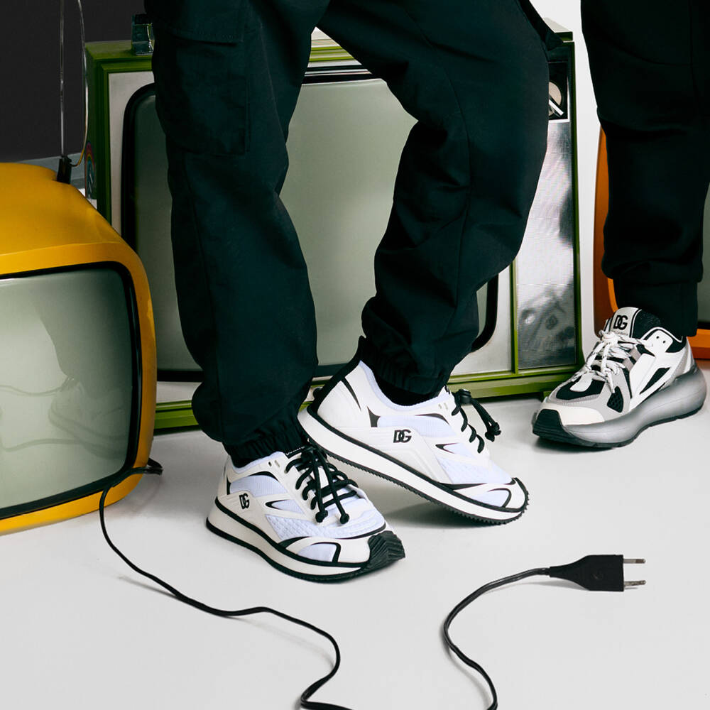 Dolce & Gabbana-Boys White & Black Mesh Trainers with Toggle Laces | Childrensalon