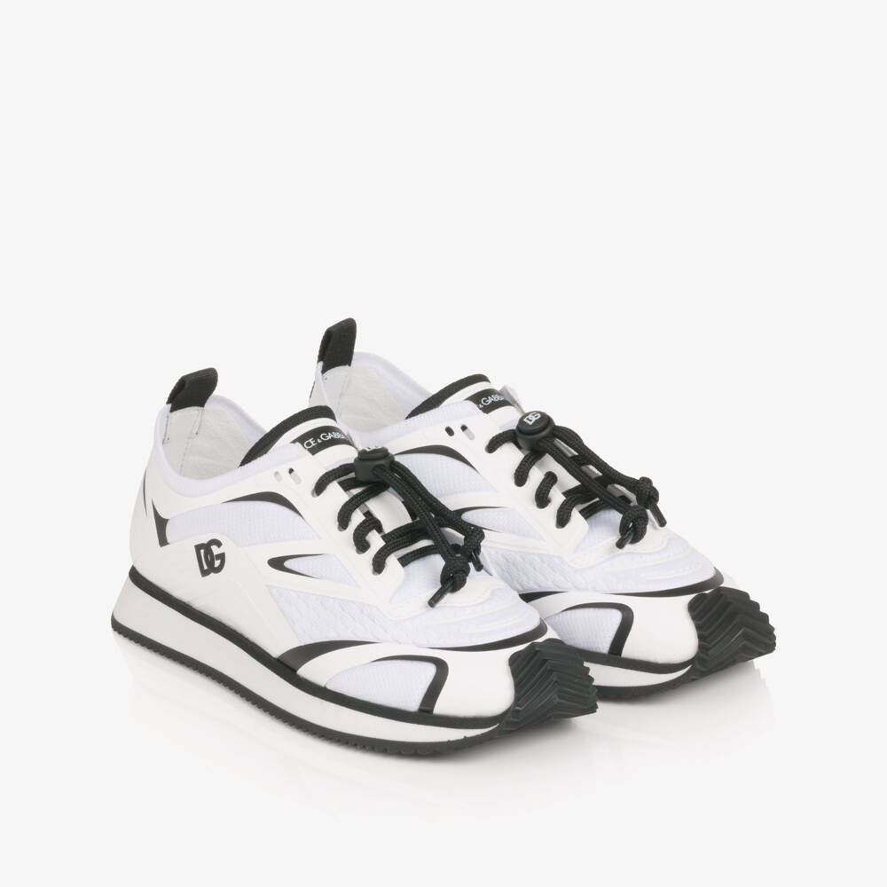 Dolce & Gabbana-Boys White & Black Mesh Trainers with Toggle Laces | Childrensalon