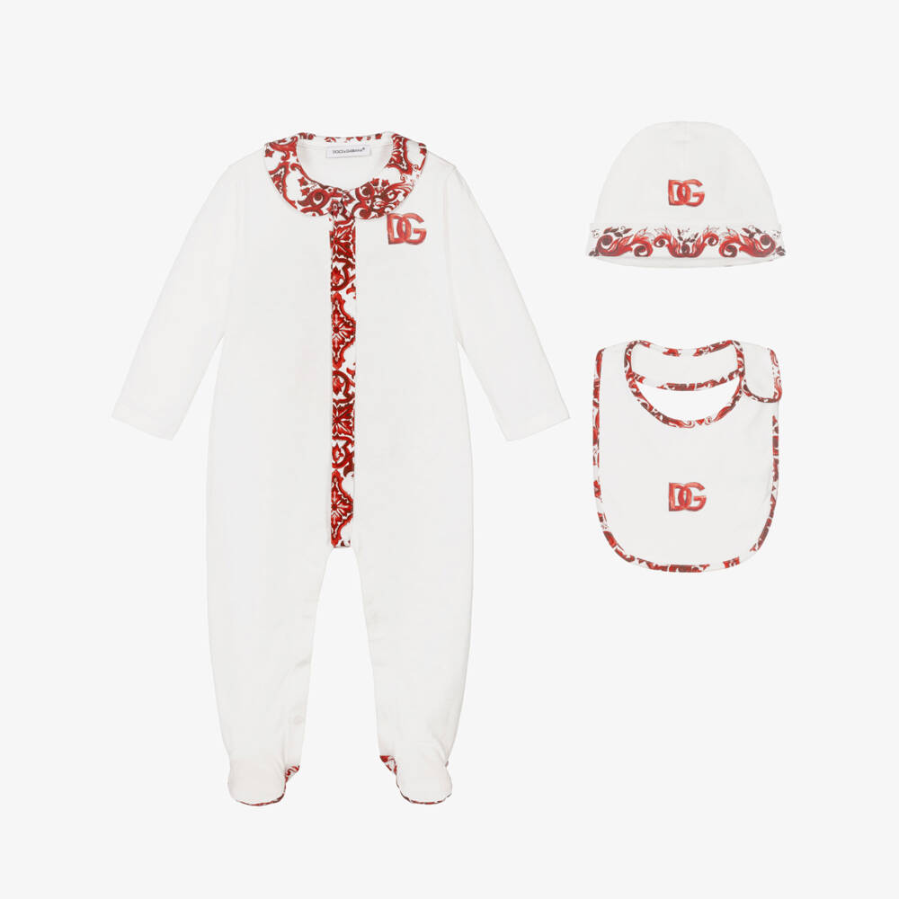 Dolce & Gabbana-Boys White Cotton Babysuit Set with Red Majolica Print | Childrensalon