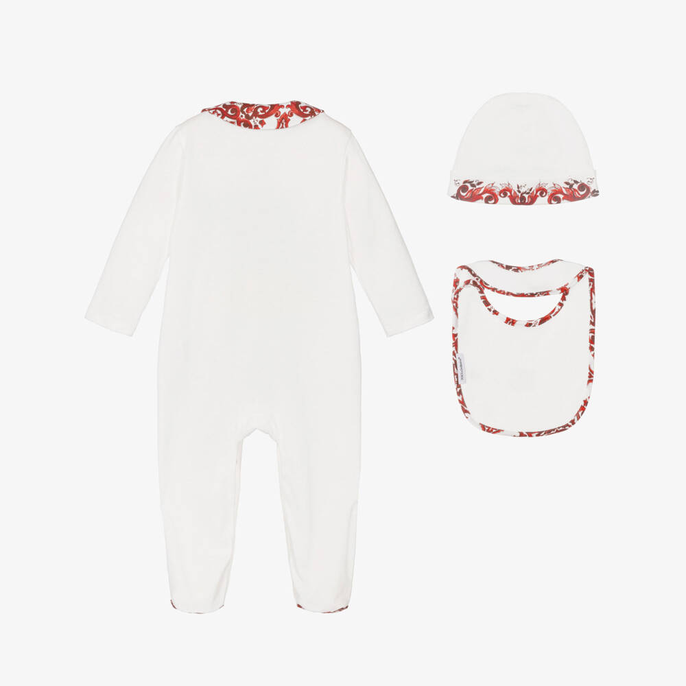 Dolce & Gabbana-Boys White Cotton Babysuit Set with Red Majolica Print | Childrensalon