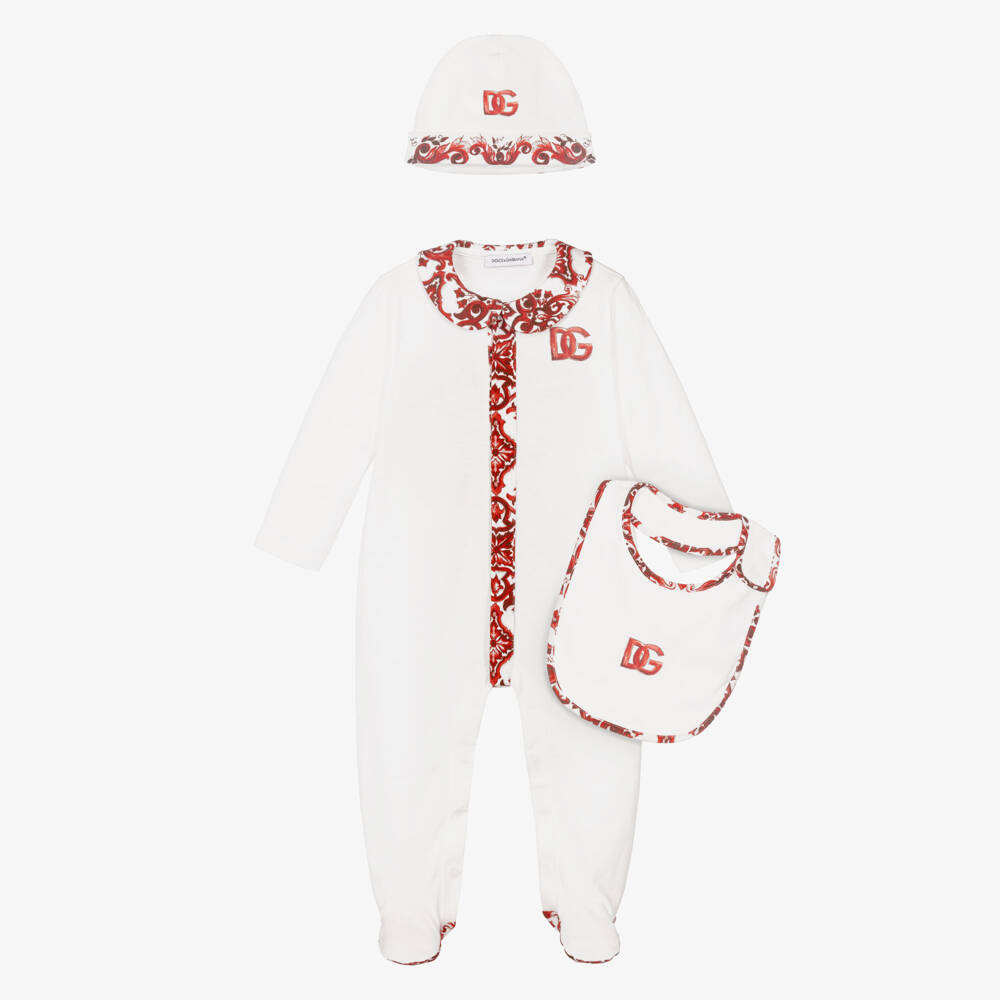 Dolce & Gabbana-Boys White Cotton Babysuit Set with Red Majolica Print  | Childrensalon