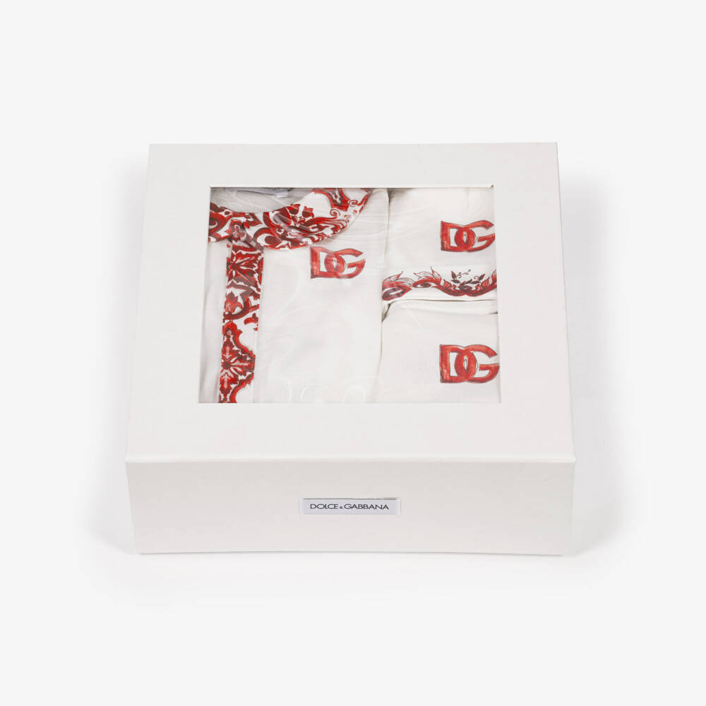 Dolce & Gabbana-Boys White Cotton Babysuit Set with Red Majolica Print | Childrensalon