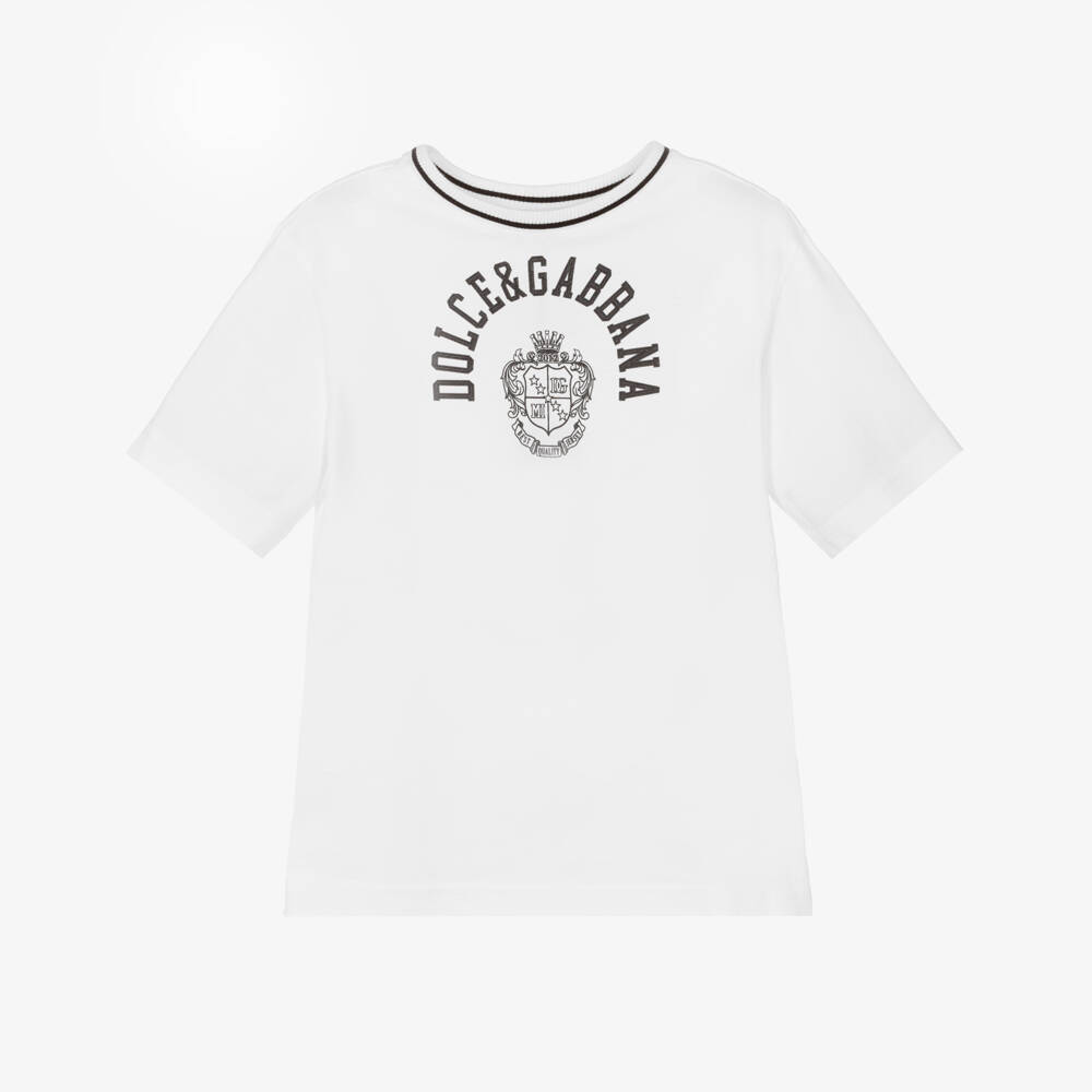 Dolce & Gabbana-Boys White Cotton Jersey T-Shirt with Black Crest Logo Print | Childrensalon