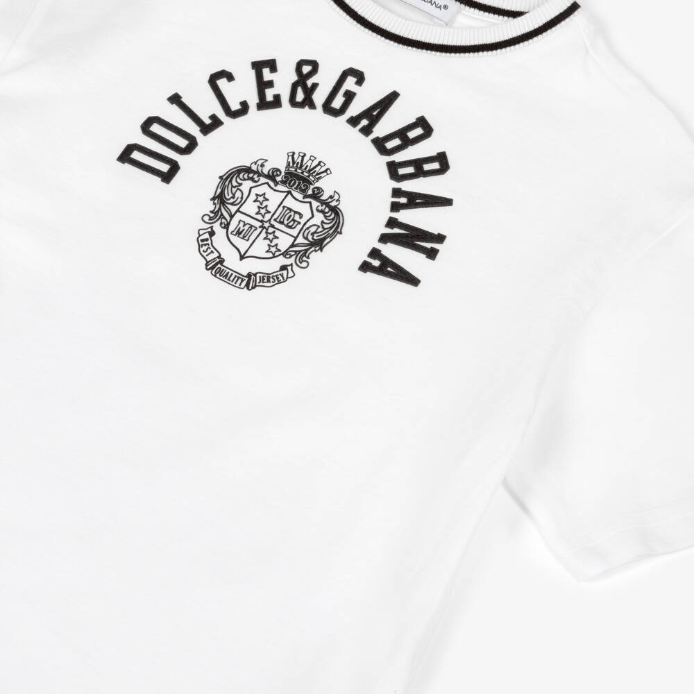 Dolce & Gabbana-Boys White Cotton Jersey T-Shirt with Black Crest Logo Print | Childrensalon