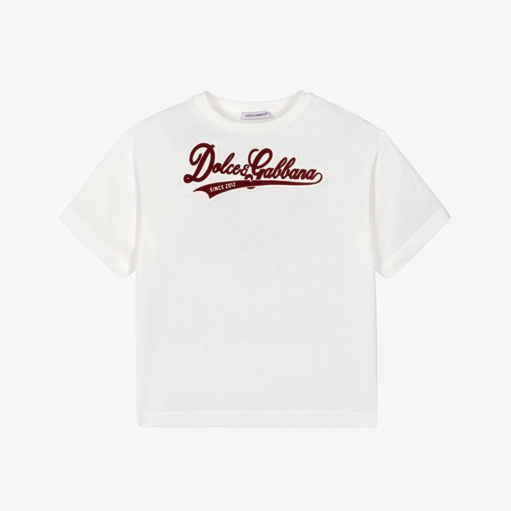 Dolce & Gabbana-Boys White Cotton Jersey T-Shirt with Varsity-Style Logo | Childrensalon