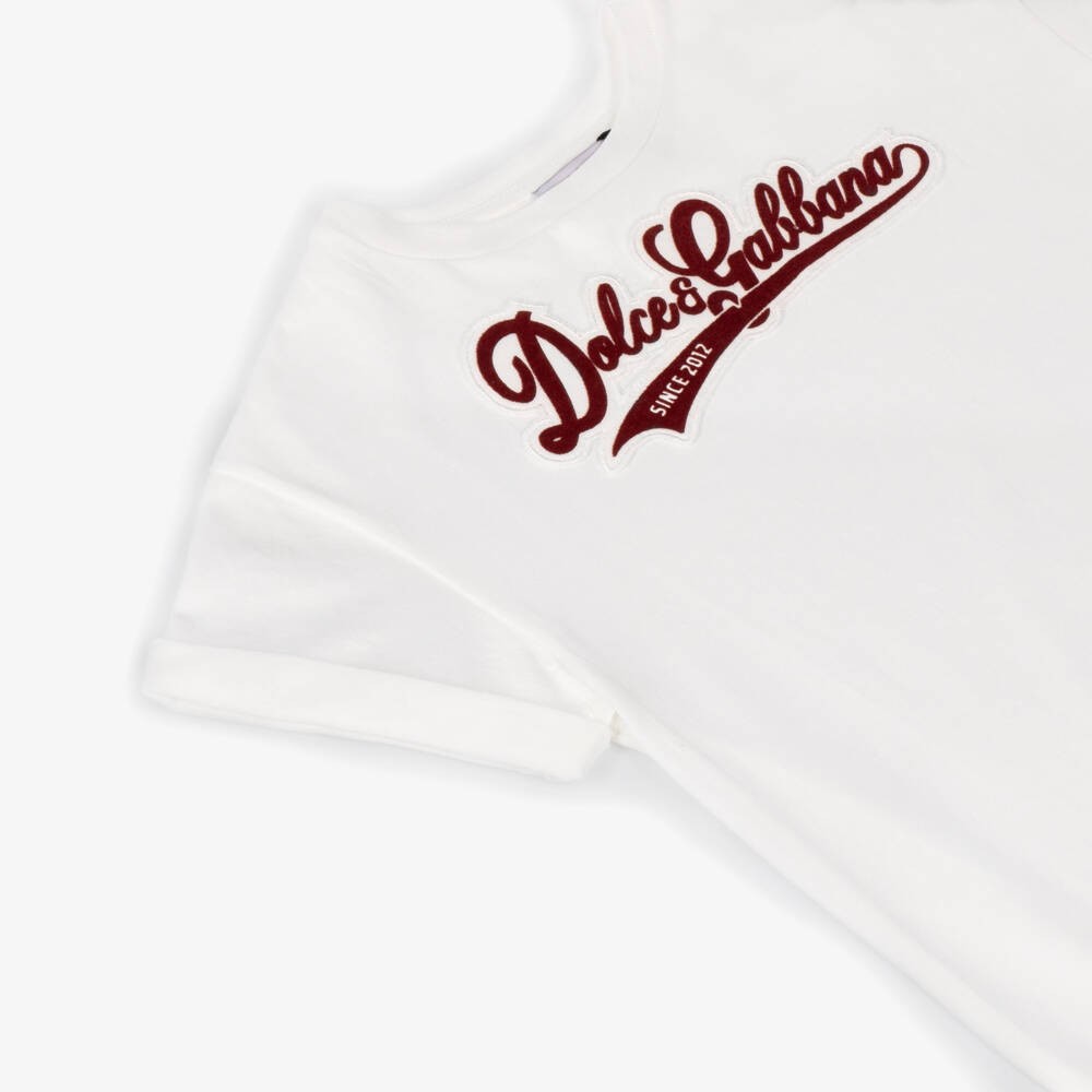 Dolce & Gabbana-Boys White Cotton Jersey T-Shirt with Varsity-Style Logo | Childrensalon