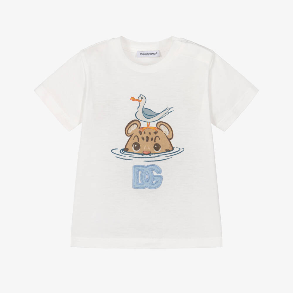 Dolce & Gabbana-Boys White Cotton Leopard T-Shirt with DG Logo | Childrensalon