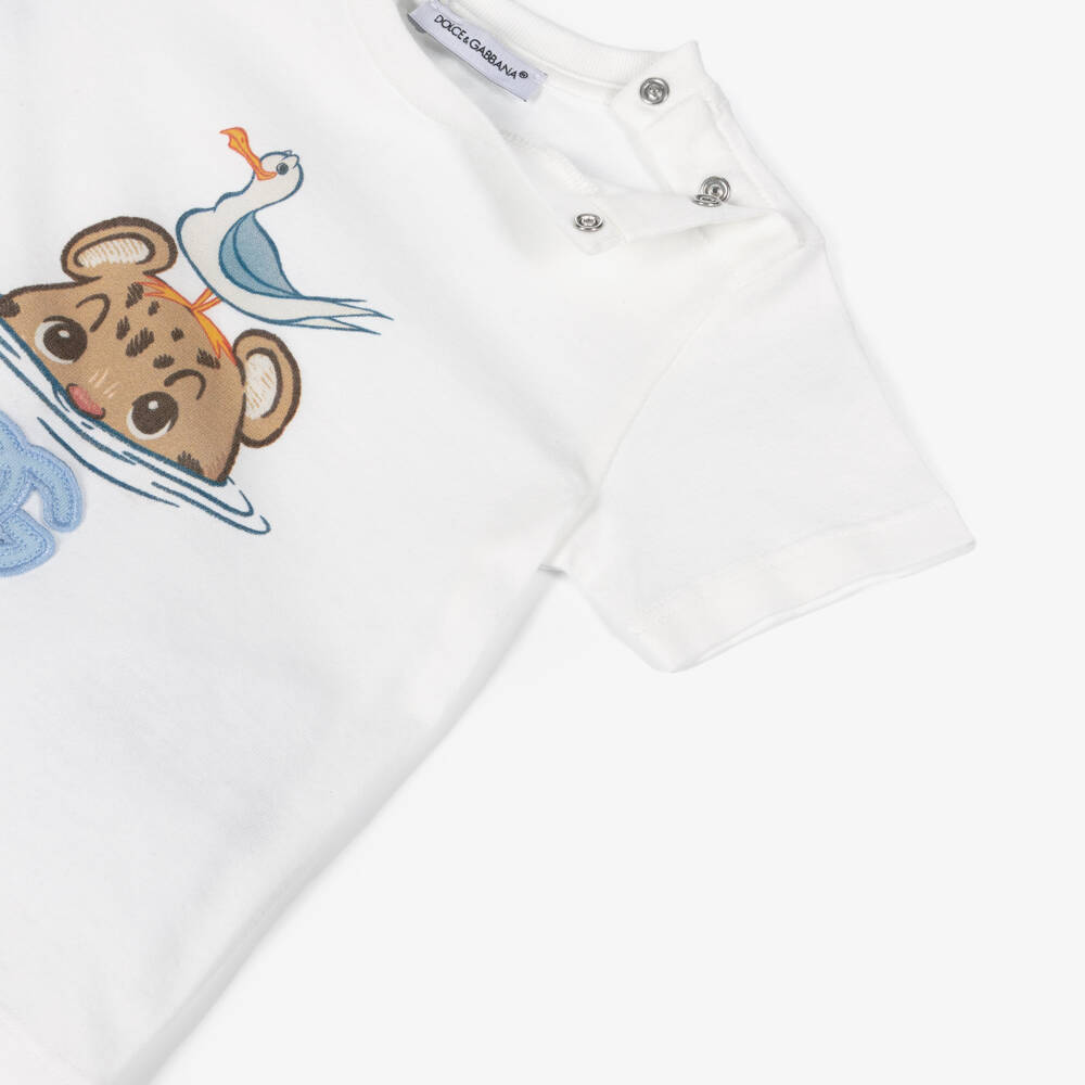 Dolce & Gabbana-Boys White Cotton Leopard T-Shirt with DG Logo | Childrensalon