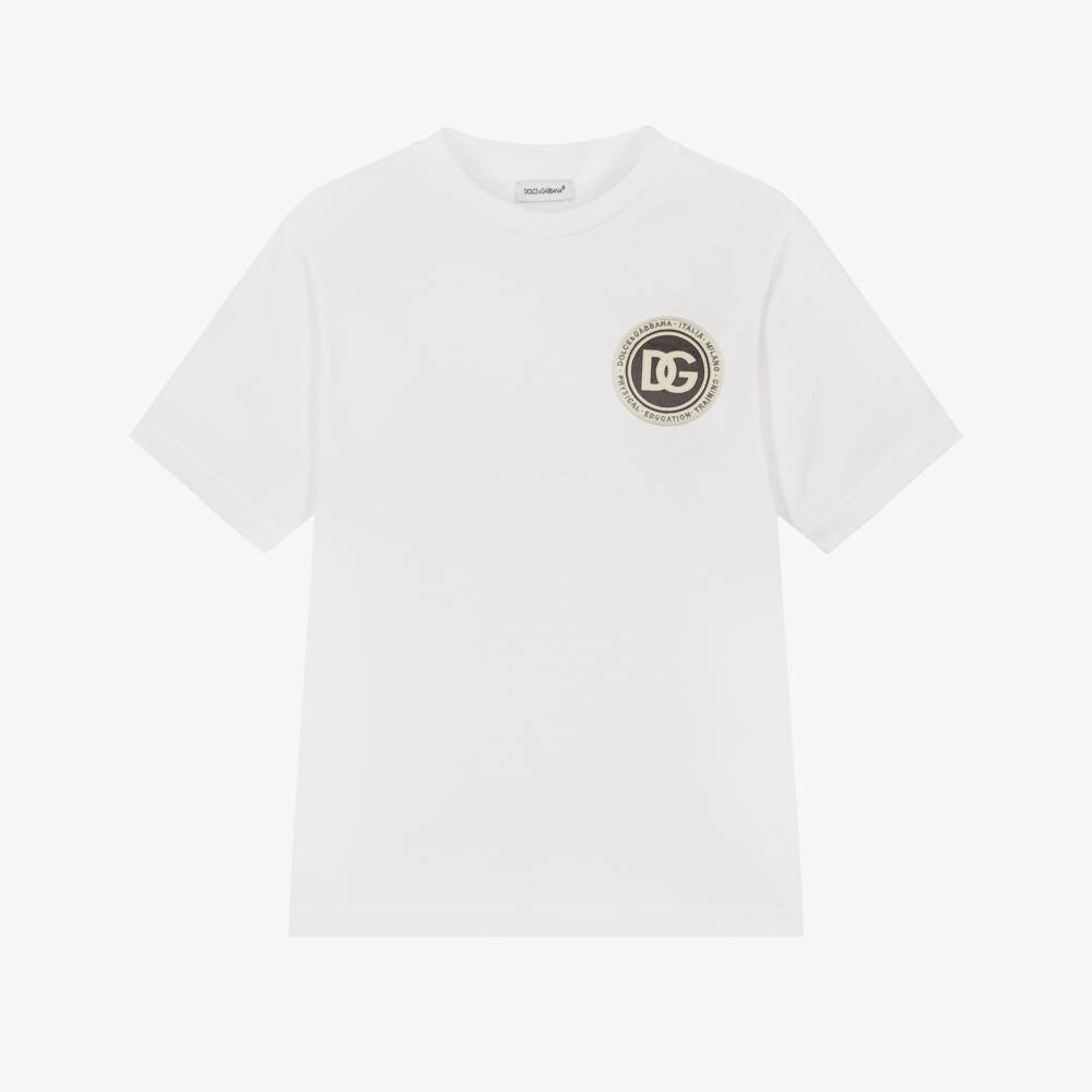 Dolce & Gabbana-Boys White Cotton Logo Patch T-Shirt | Childrensalon