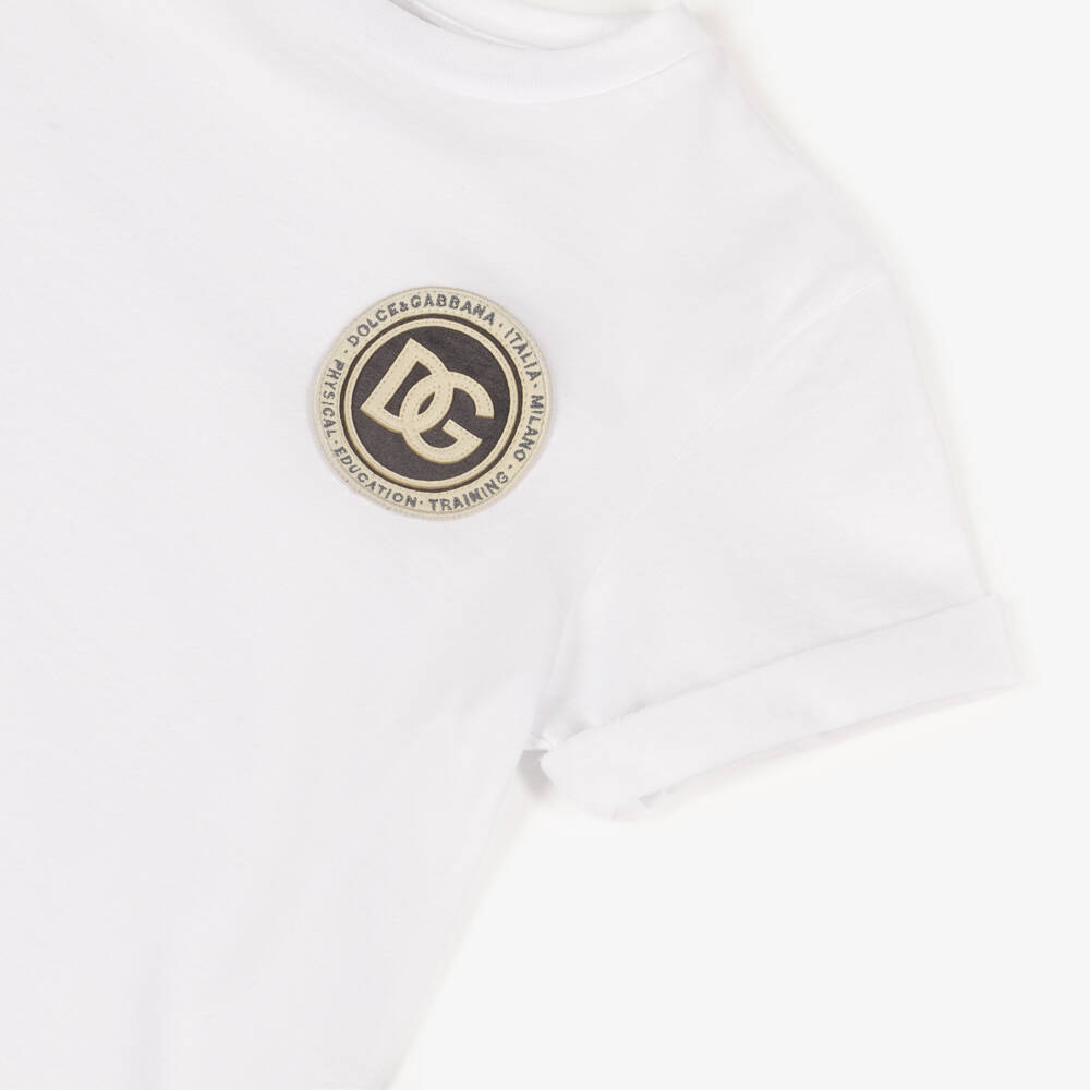 Dolce & Gabbana-Boys White Cotton Logo Patch T-Shirt | Childrensalon