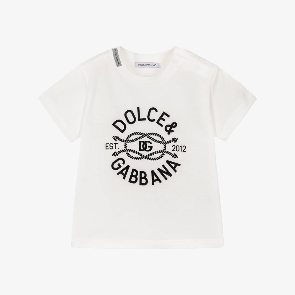 Dolce & Gabbana-Boys White Cotton Nautical Logo T-Shirt | Childrensalon