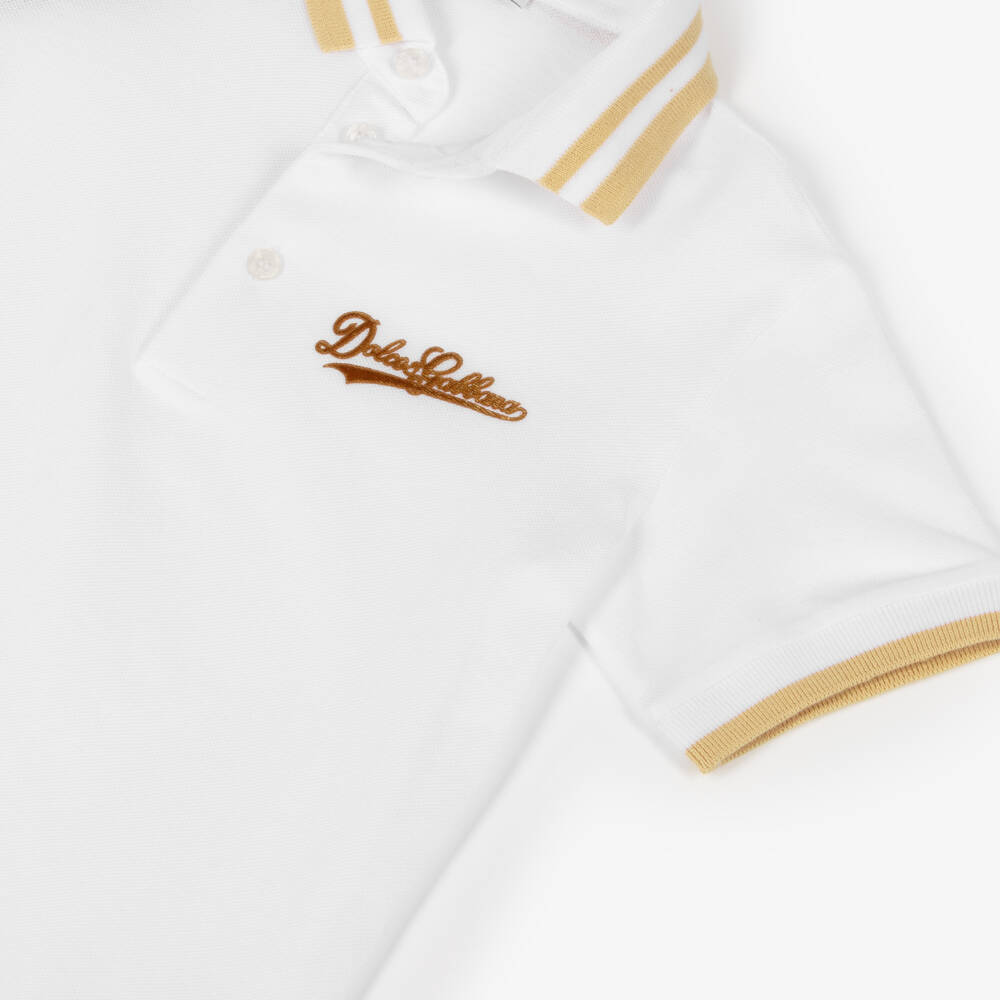 Dolce & Gabbana-Рубашка поло белая из хлопкового пике с флокированным логотипом для мальчиков | Childrensalon