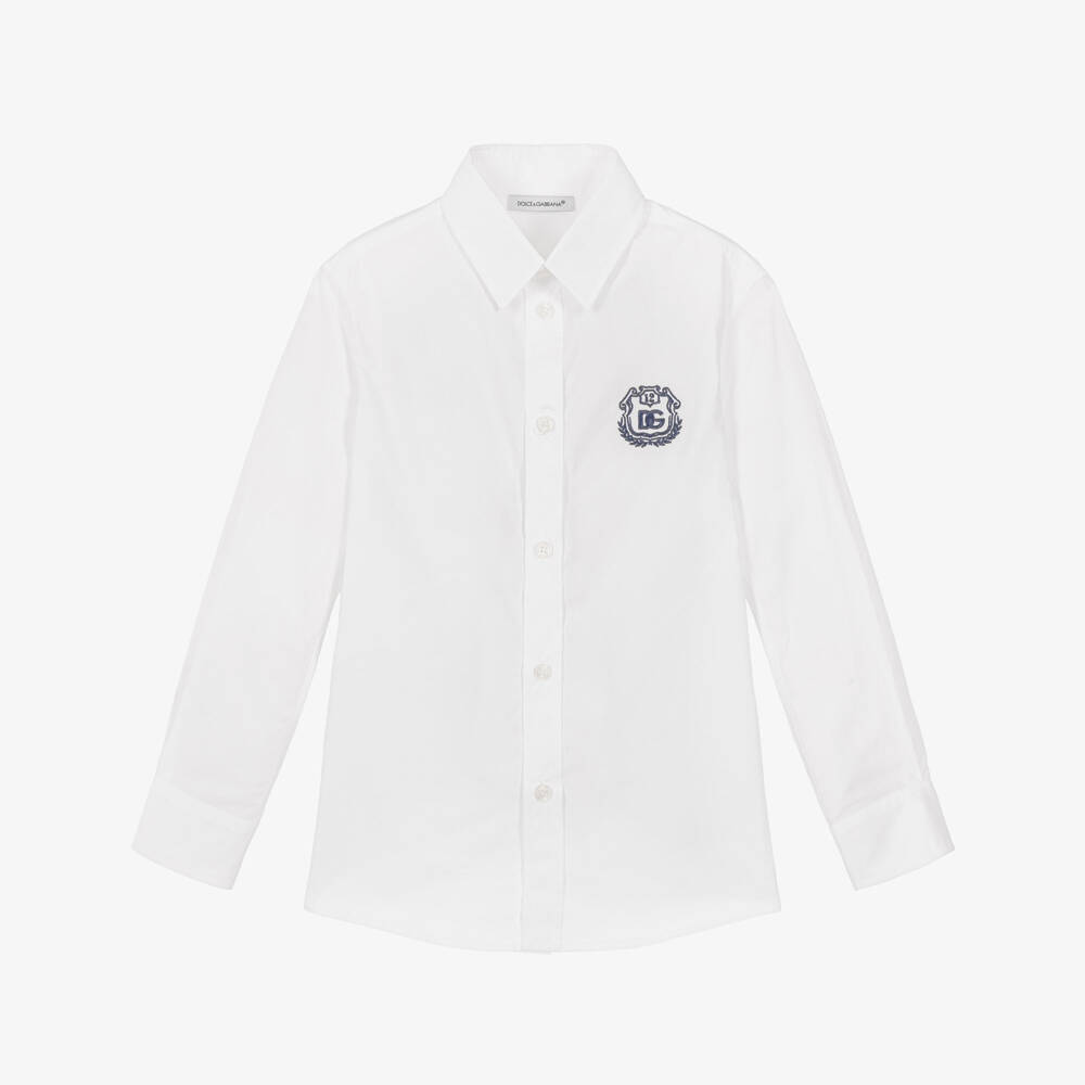 Dolce & Gabbana-Boys White Cotton Poplin Shirt with Embroidered Crest Logo | Childrensalon