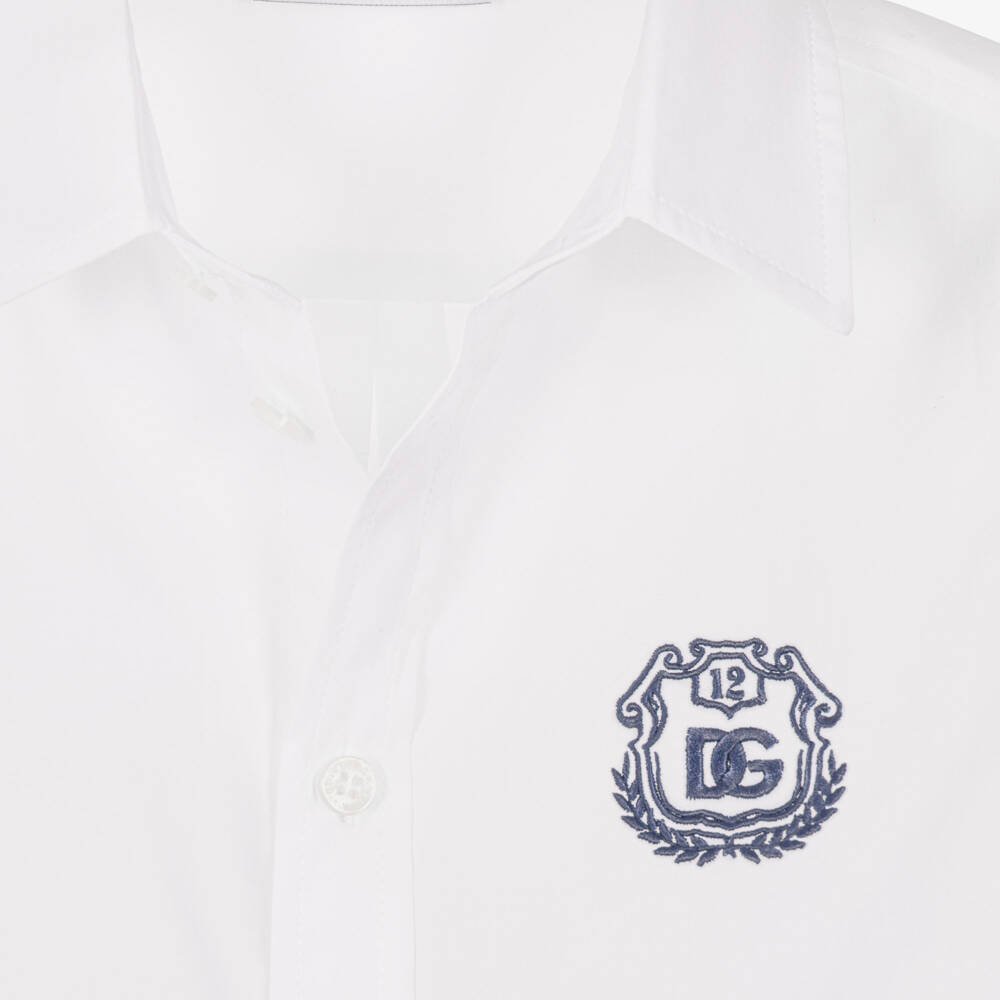 Dolce & Gabbana-Boys White Cotton Poplin Shirt with Embroidered Crest Logo | Childrensalon