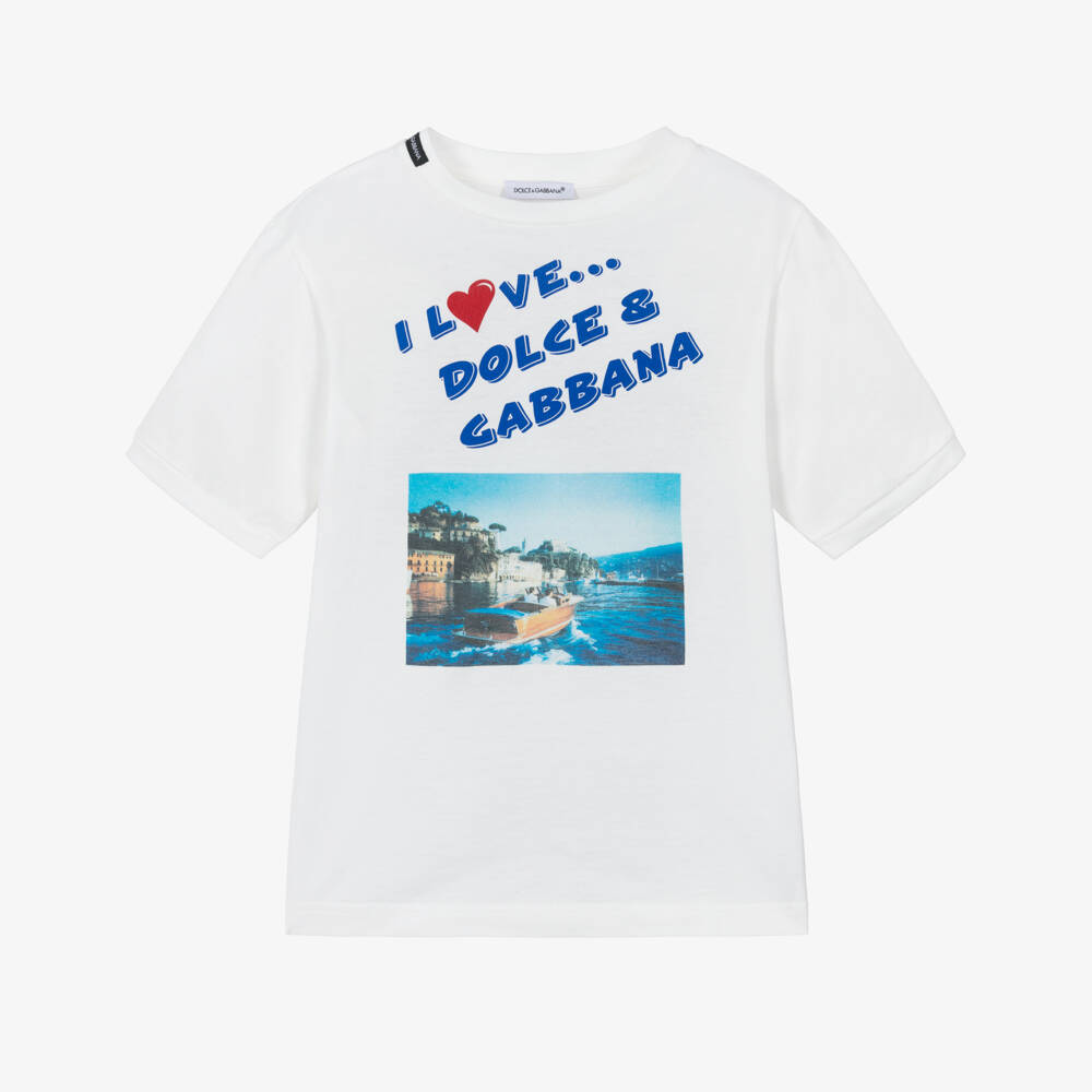 Dolce & Gabbana-Boys White Cotton Scenic Boating Print T-Shirt | Childrensalon