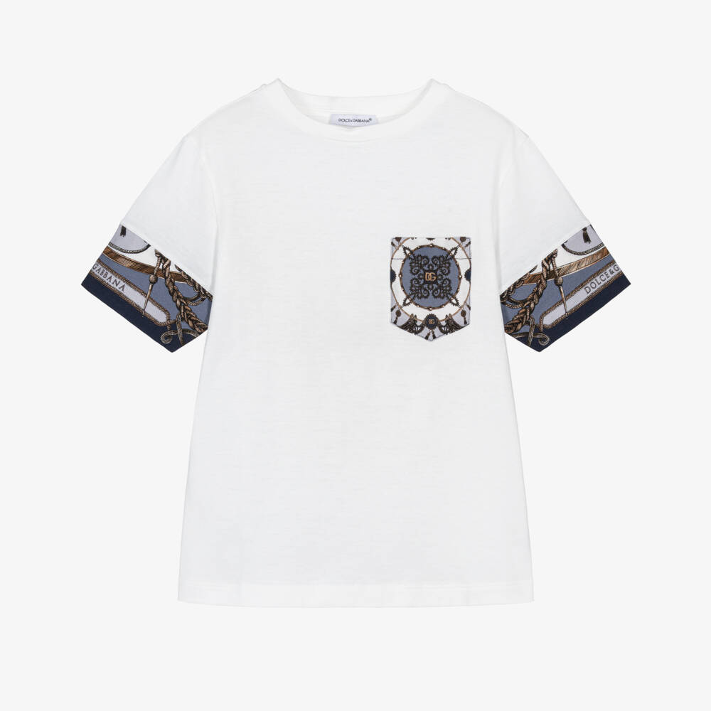Dolce & Gabbana-Boys White Cotton T-Shirt with Blue Cargo Print Trims | Childrensalon
