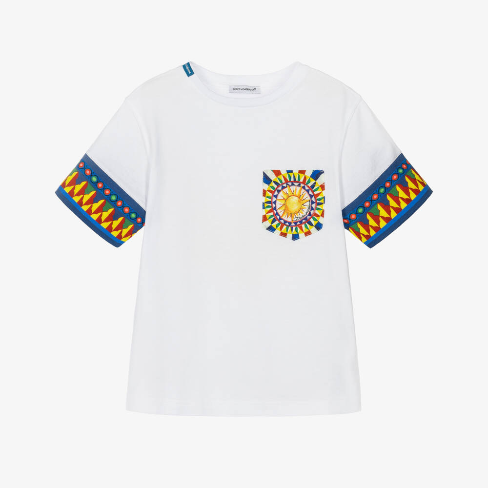 Dolce & Gabbana-Boys White Cotton T-Shirt with Carretto Print | Childrensalon