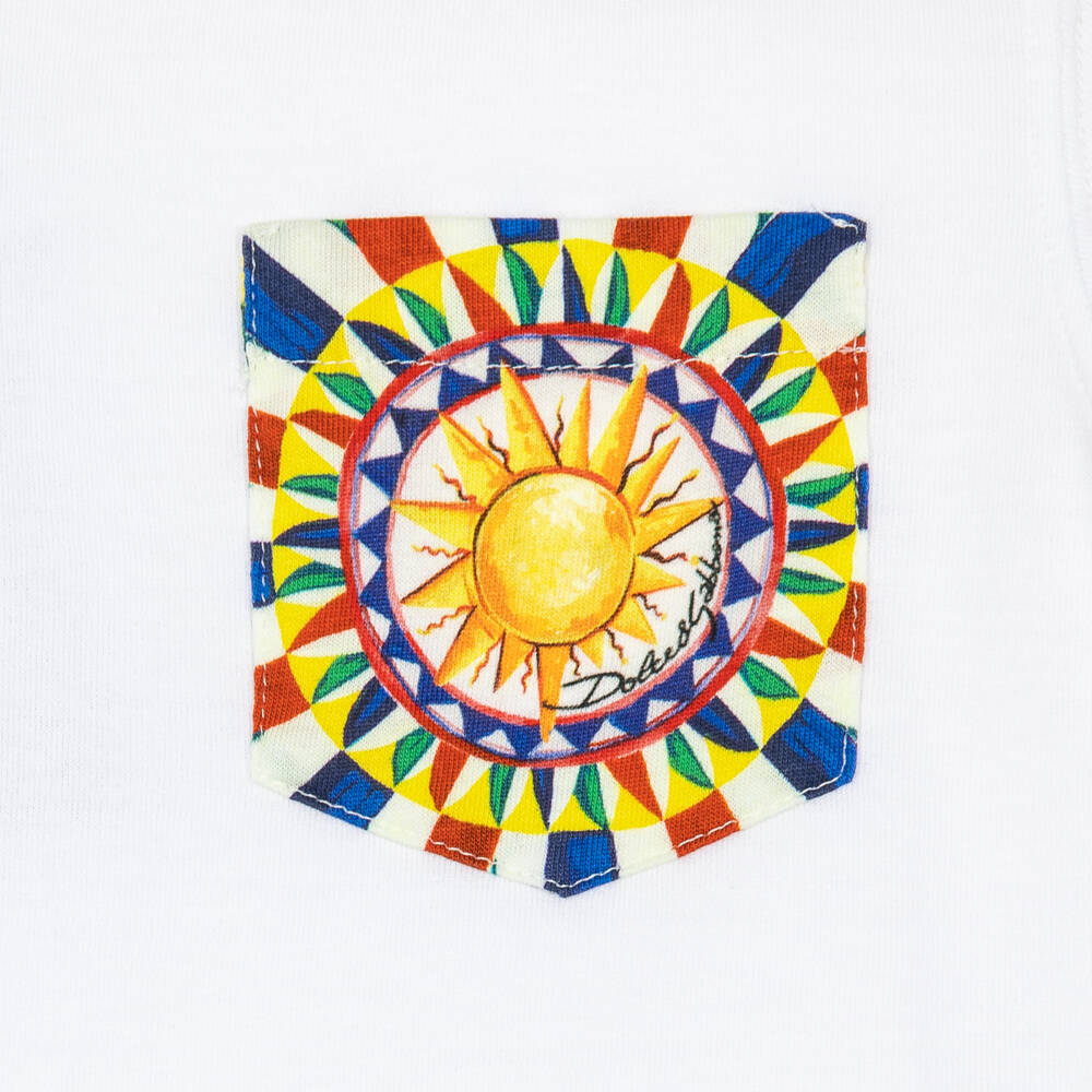 Dolce & Gabbana-Boys White Cotton T-Shirt with Carretto Print | Childrensalon
