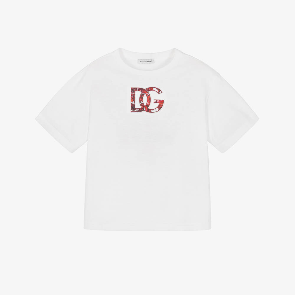 Dolce & Gabbana-Boys White Cotton T-Shirt with DG Logo | Childrensalon