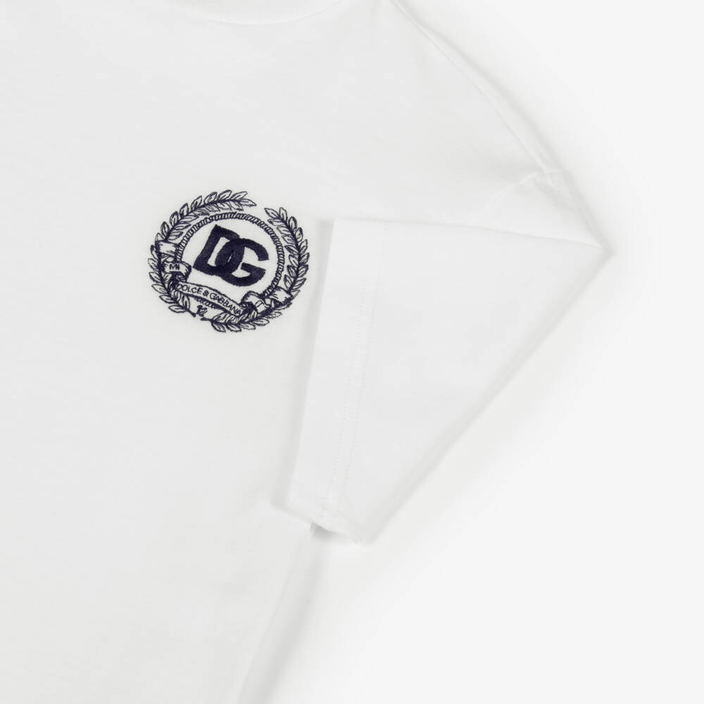 Dolce & Gabbana-Boys White Cotton T-Shirt with Embroidered DG Crest | Childrensalon