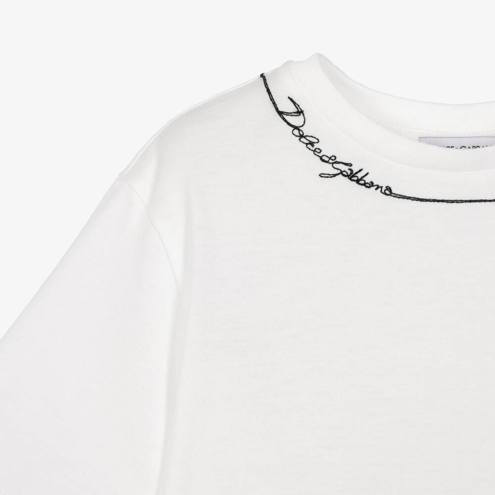 Dolce & Gabbana-Boys White Cotton T-Shirt with Embroidered Logo | Childrensalon