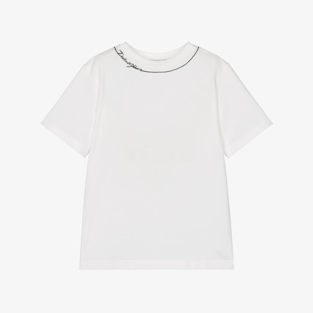 Dolce & Gabbana-Boys White Cotton T-Shirt with Embroidered Logo | Childrensalon