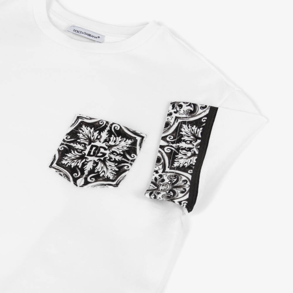 Dolce & Gabbana-Boys White Cotton T-Shirt With Majolica Print | Childrensalon