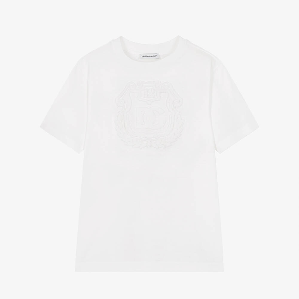 Dolce & Gabbana-Boys White Flocked Monogram T-Shirt | Childrensalon