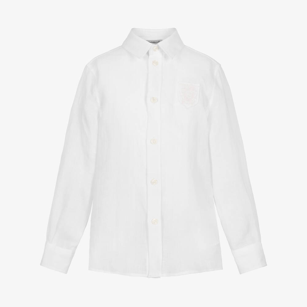 Dolce & Gabbana-Boys White Linen Shirt with DG Crest Logo | Childrensalon