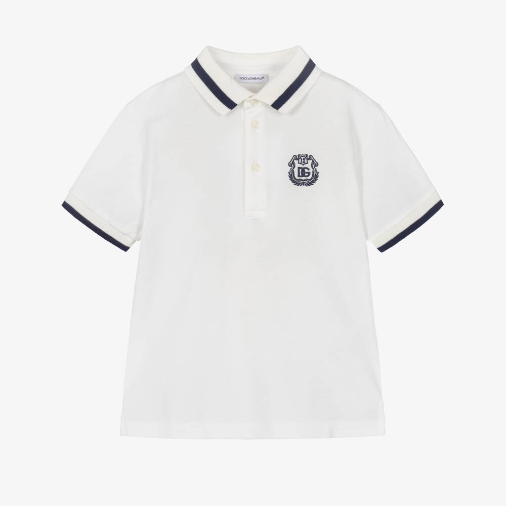 Dolce & Gabbana-Boys White Polo Shirt with Navy Blue Monogram | Childrensalon