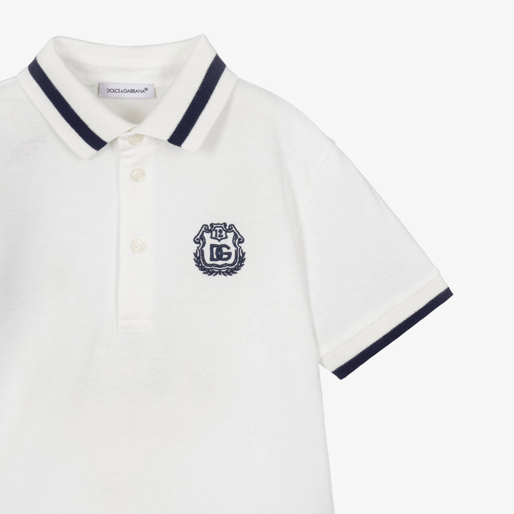 Dolce & Gabbana-Boys White Polo Shirt with Navy Blue Monogram | Childrensalon