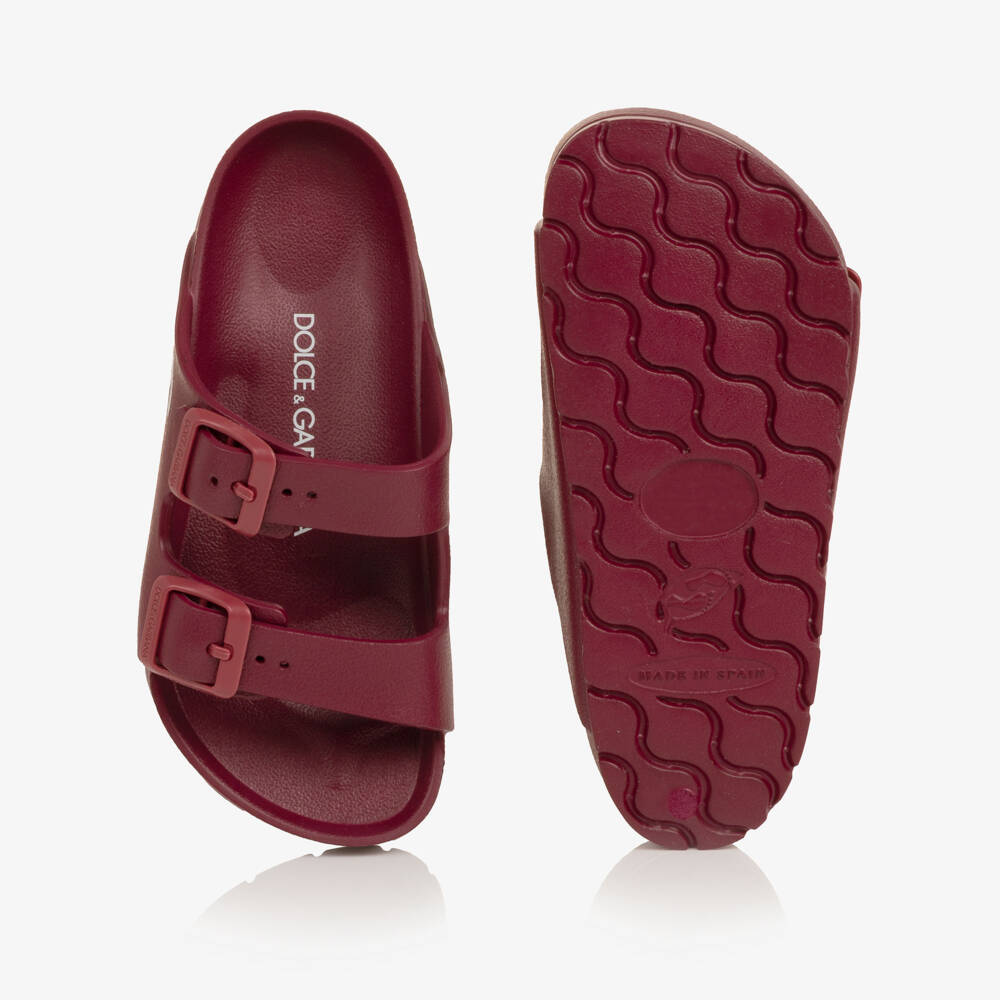 Dolce & Gabbana-Burgundy Red Double Strap Sliders with DG Logo | Childrensalon