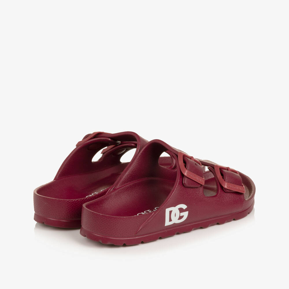 Dolce & Gabbana-Burgundy Red Double Strap Sliders with DG Logo | Childrensalon