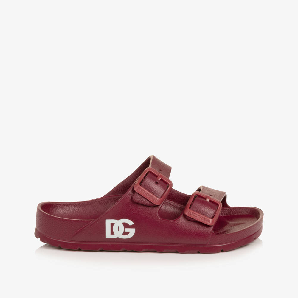 Dolce & Gabbana-Burgundy Red Double Strap Sliders with DG Logo | Childrensalon